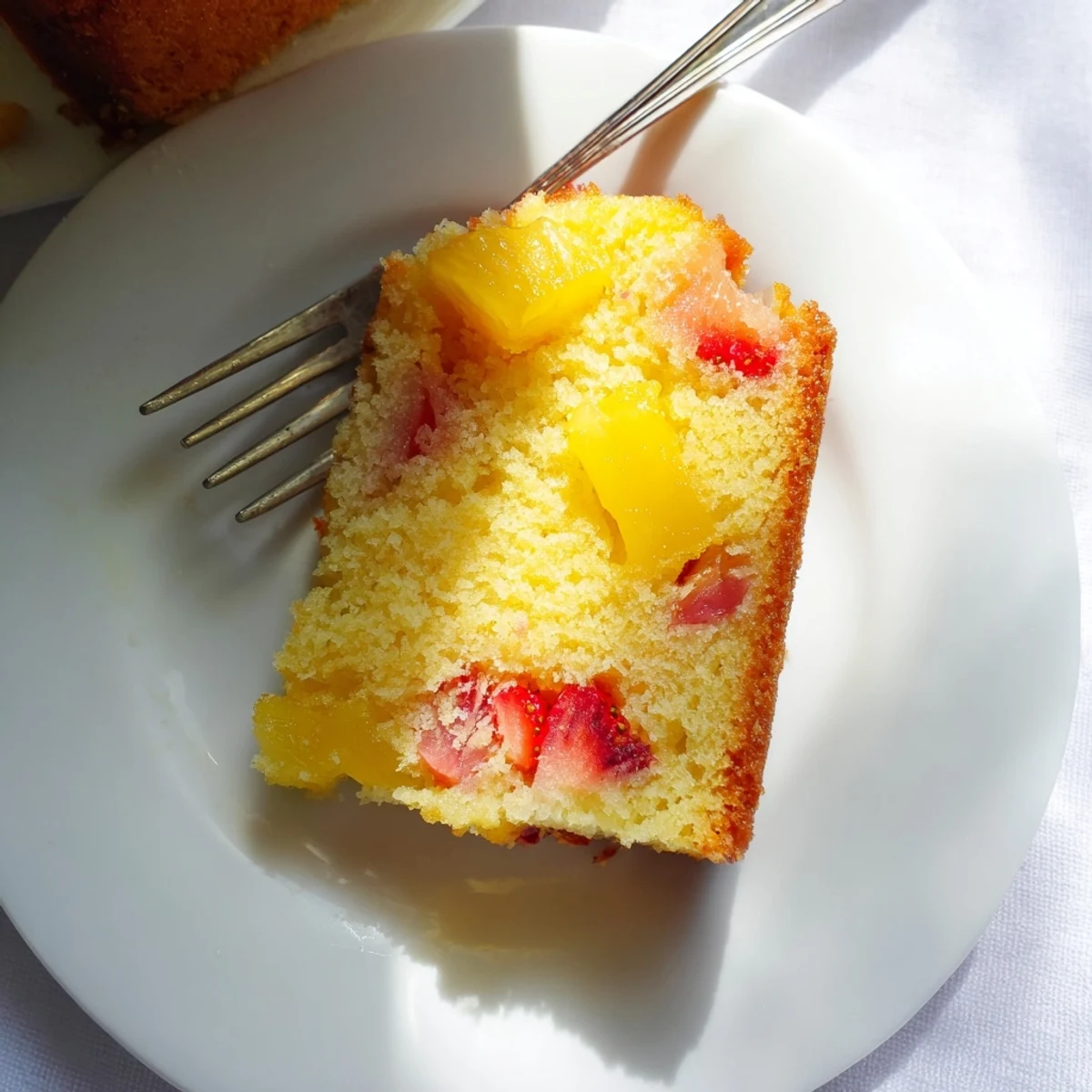 Golden glazed strawberry pineapple pound cake with juicy red fruit chunks visible in tender crumb