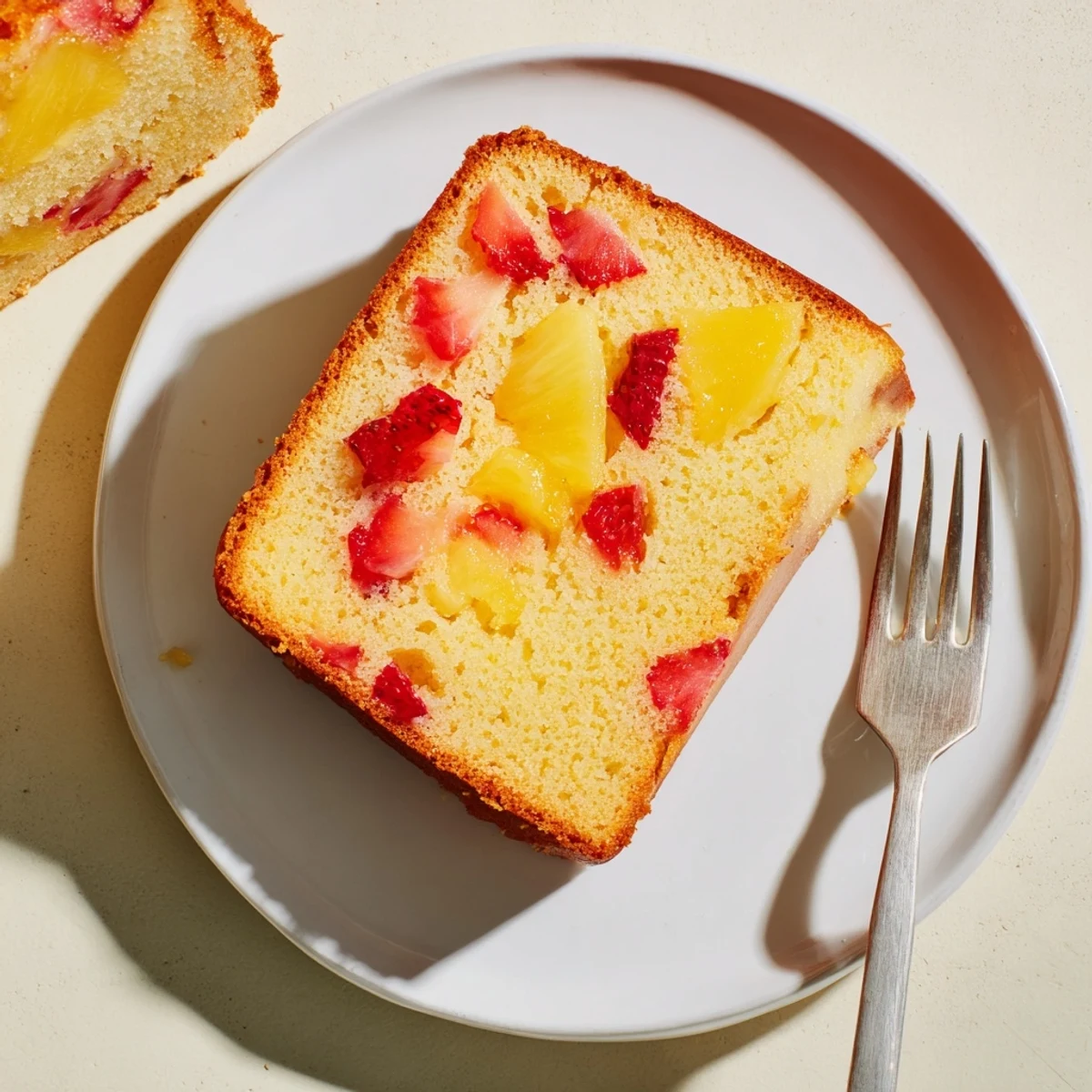 Sliced strawberry pineapple pound cake drizzled with sweet pineapple glaze on white serving plate