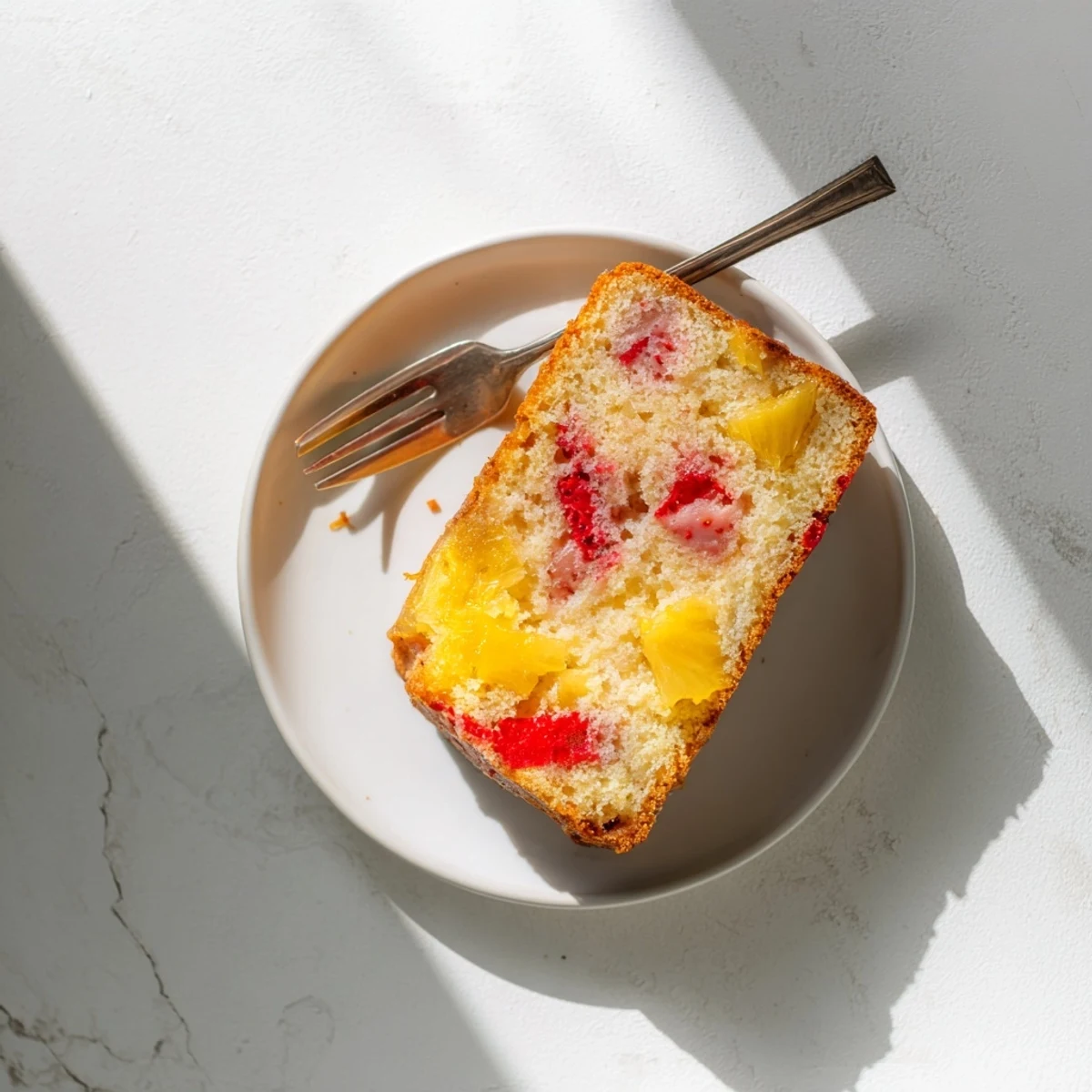 Fresh strawberry pineapple pound cake loaf topped with powdered sugar glaze and whole berries