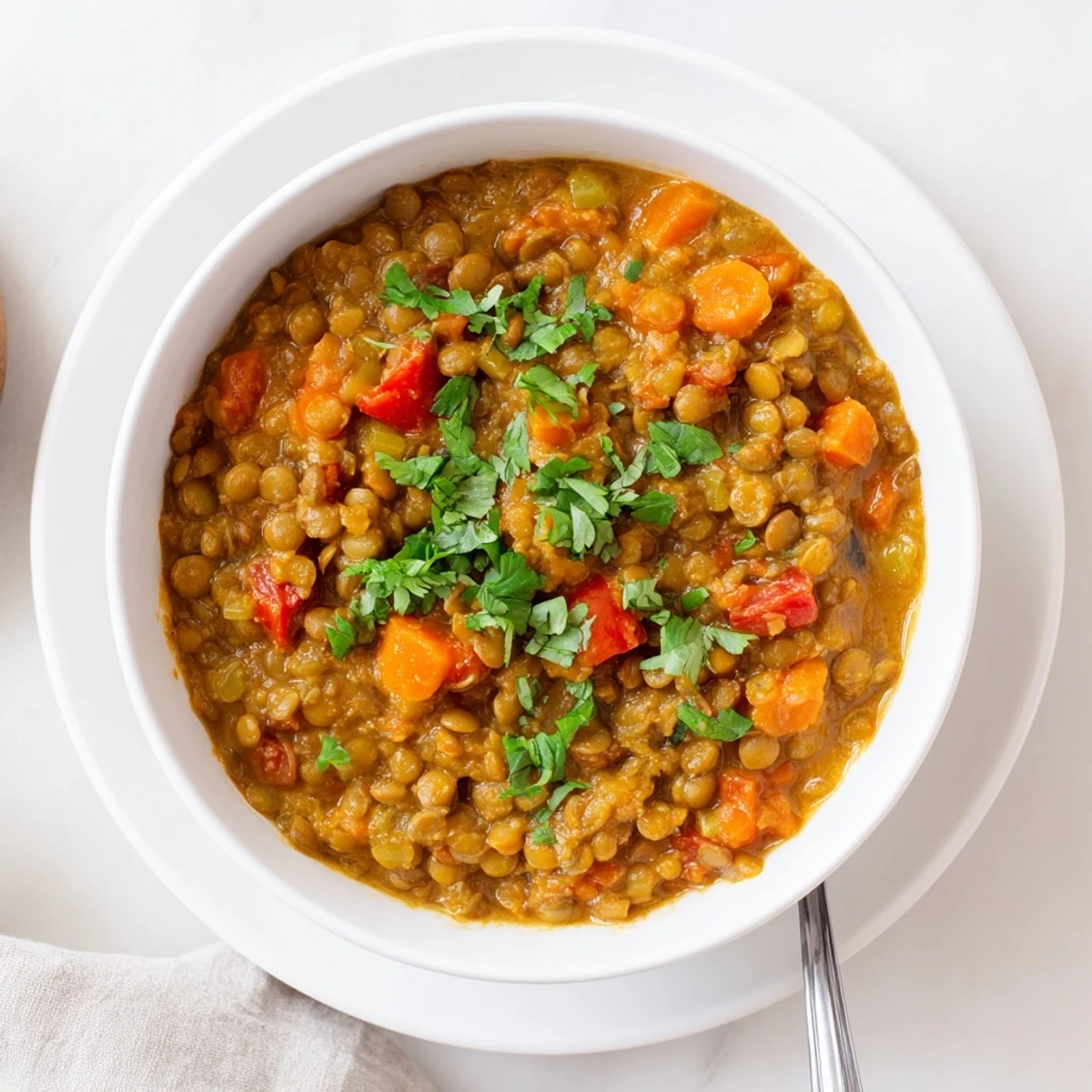 Creamy Greek yogurt lentil curry garnished with fresh cilantro and served with fluffy basmati rice