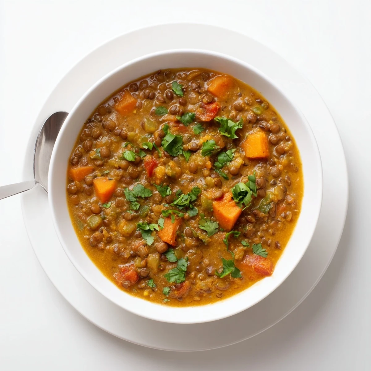 Golden bowl of protein-packed Greek yogurt lentil curry steaming hot alongside warm naan bread