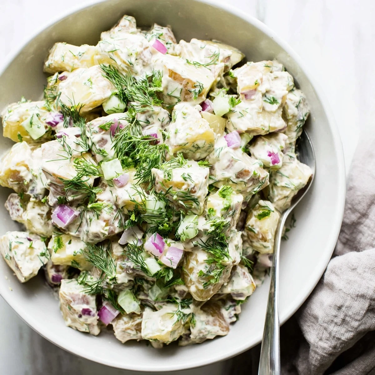Creamy Greek yogurt potato salad tossed with fresh dill, celery, and red onion in a white serving bowl