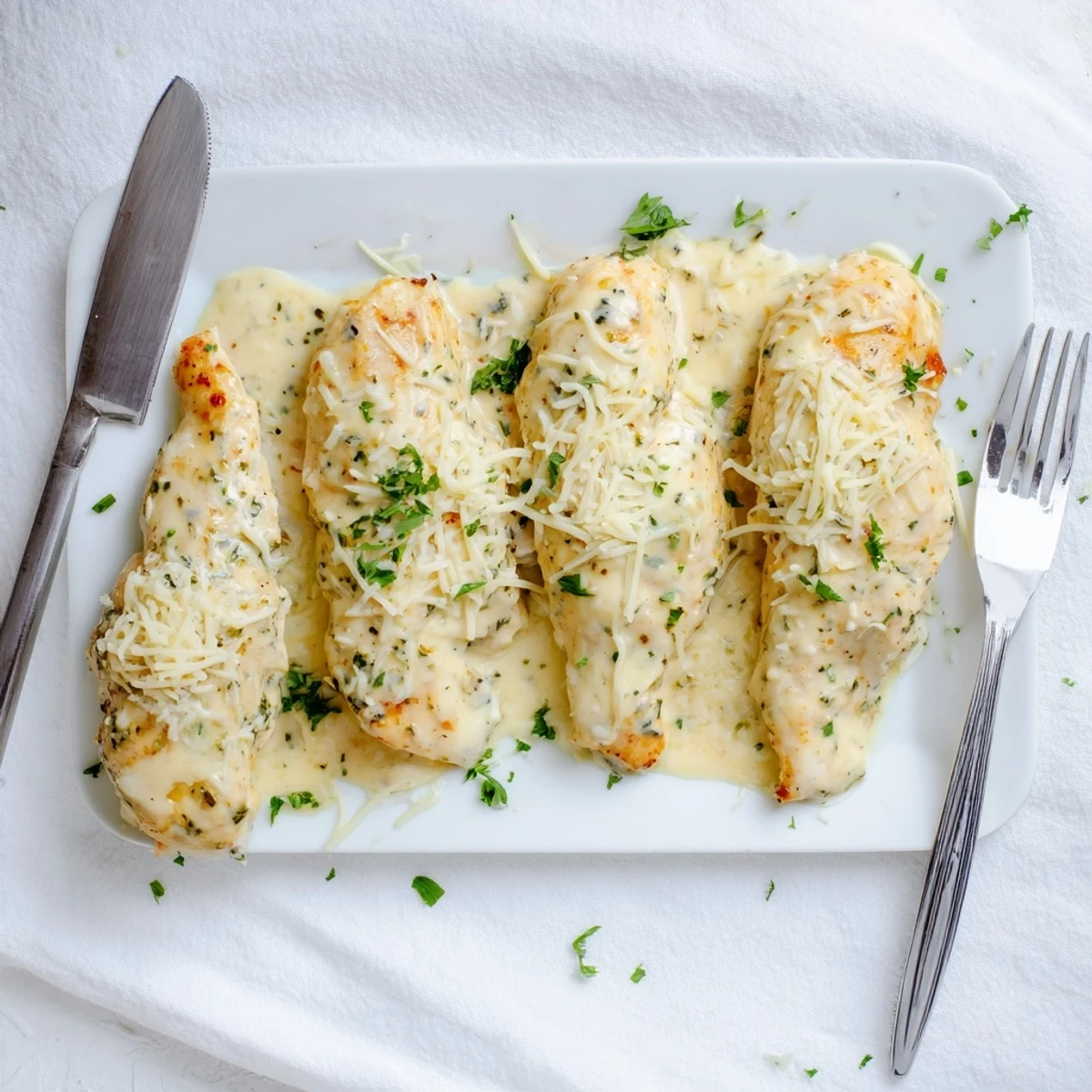 Golden brown parmesan baked Caesar chicken with bubbling mozzarella cheese topping