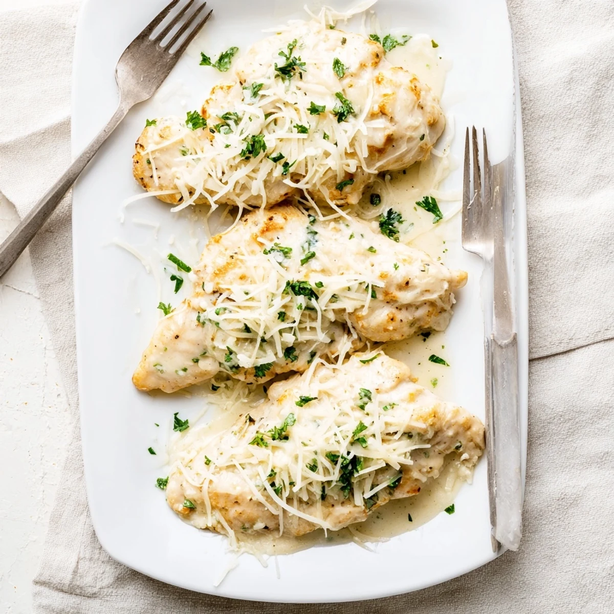 Creamy Caesar chicken breasts fresh from oven with melted parmesan crust