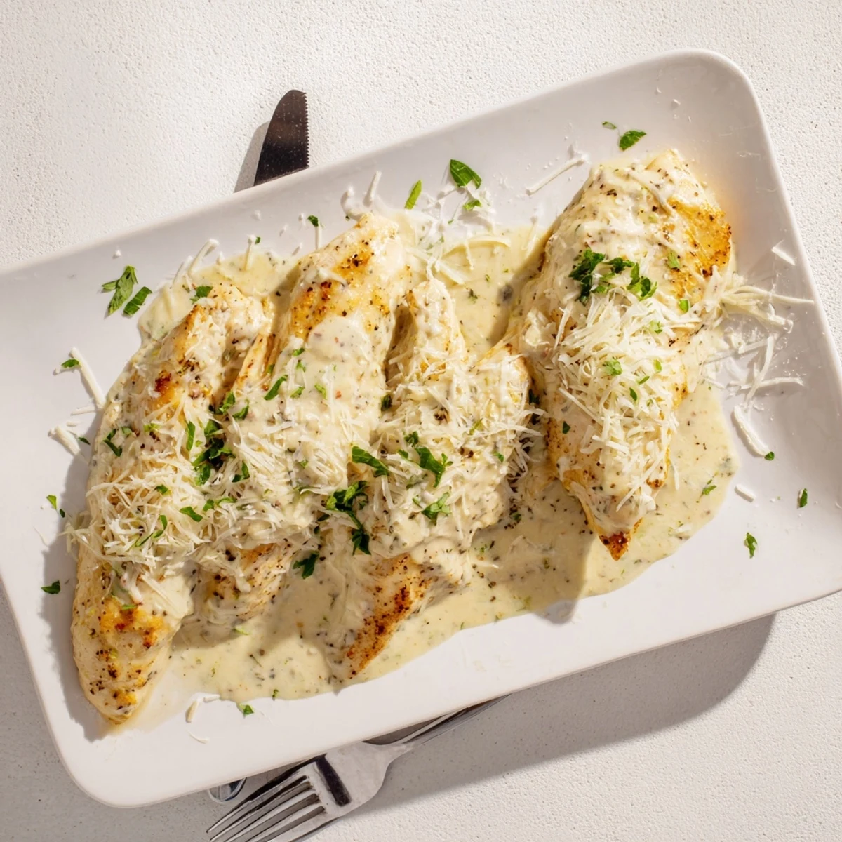 Tender baked Caesar chicken in rich creamy parmesan sauce with herbs