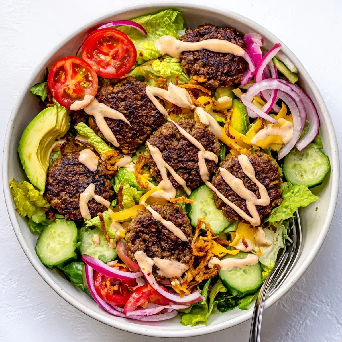 Vibrant Smash Burger Bowl featuring deconstructed beef burgers with creamy special sauce melted cheddar and crisp vegetables for a low-carb lunch