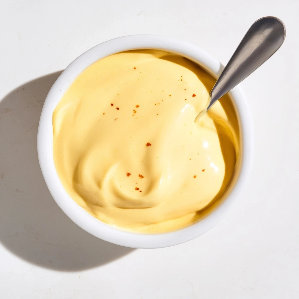 Creamy melted cheddar cheese sauce for fries served in a white dipping bowl