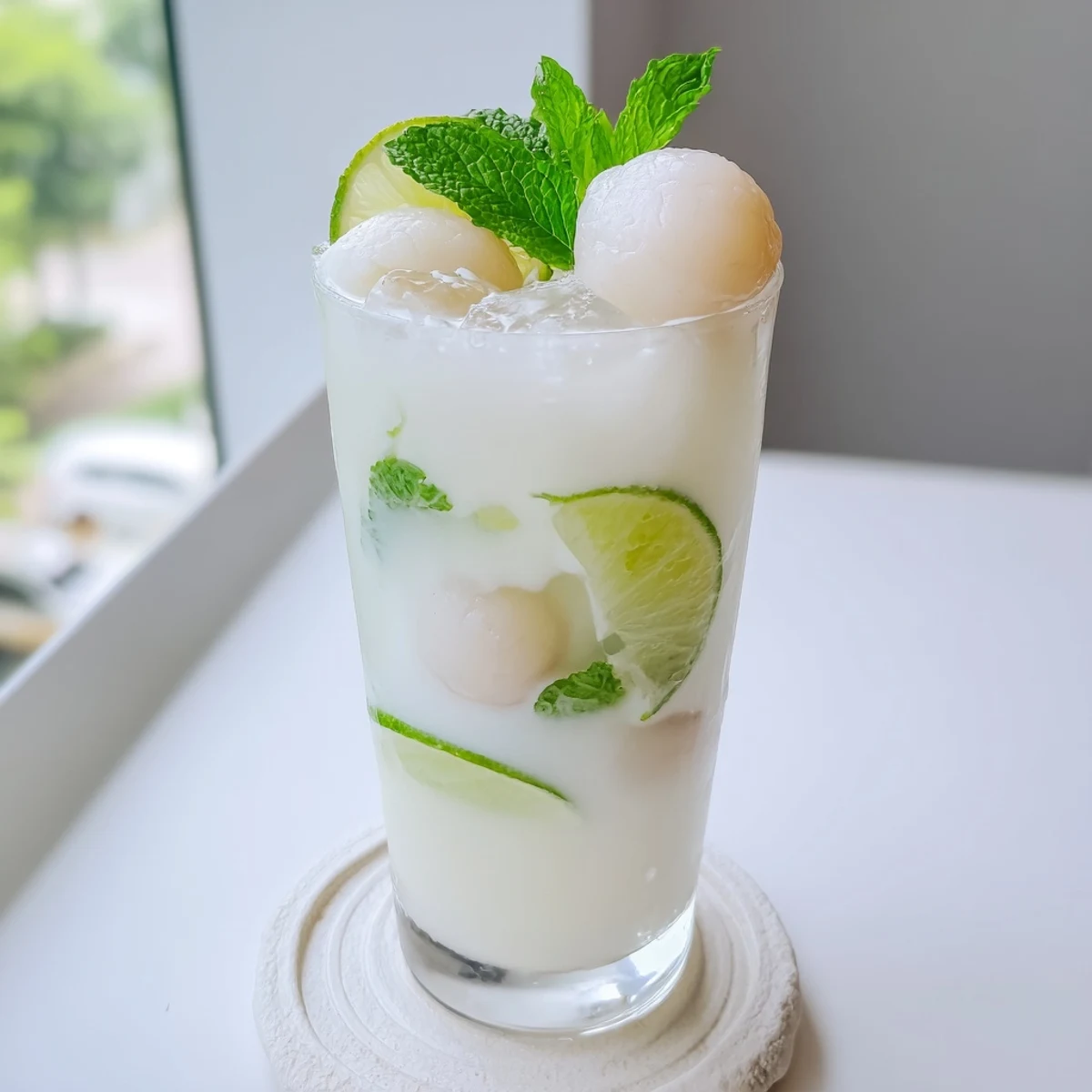 Tall glass of creamy coconut lychee iced drink garnished with fresh lime slices and mint leaves