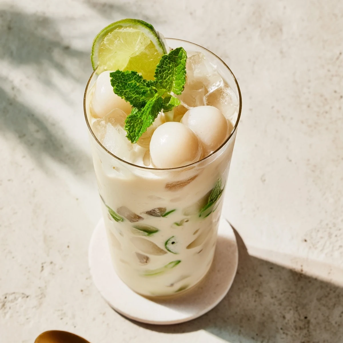 Refreshing coconut lychee iced drink poured over ice in a clear glass with whole lychee fruits