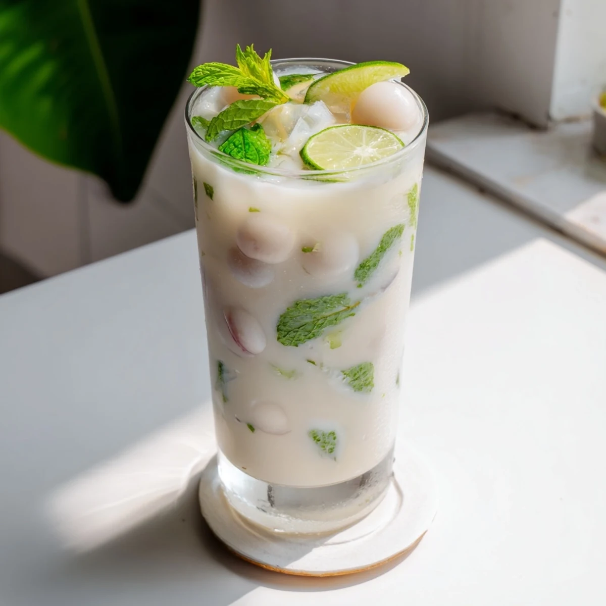 Vegan coconut lychee iced drink showcasing white creamy coconut milk blended with sweet pink lychee fruit