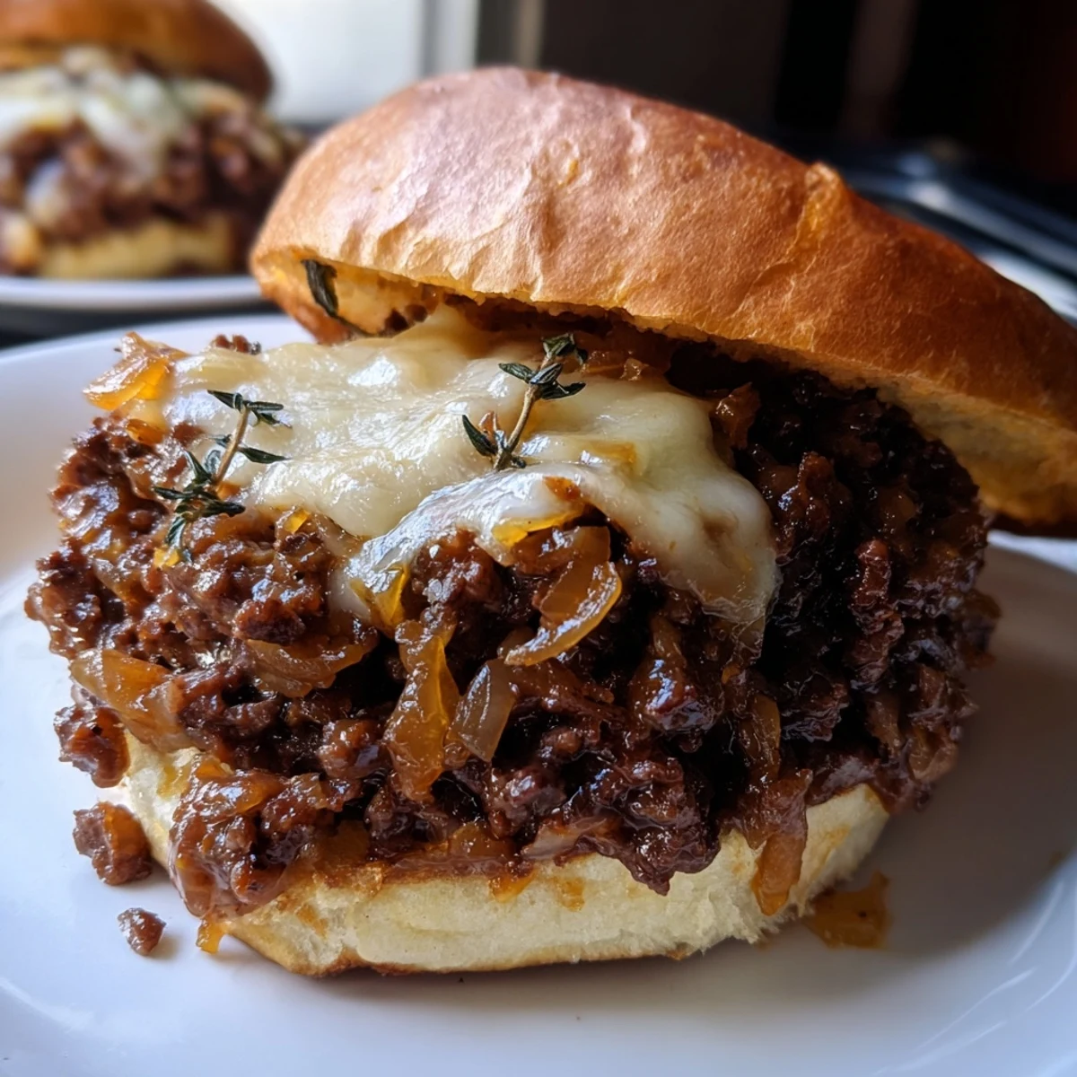 Golden caramelized onions and seasoned ground beef piled high on a brioche bun with melted cheese