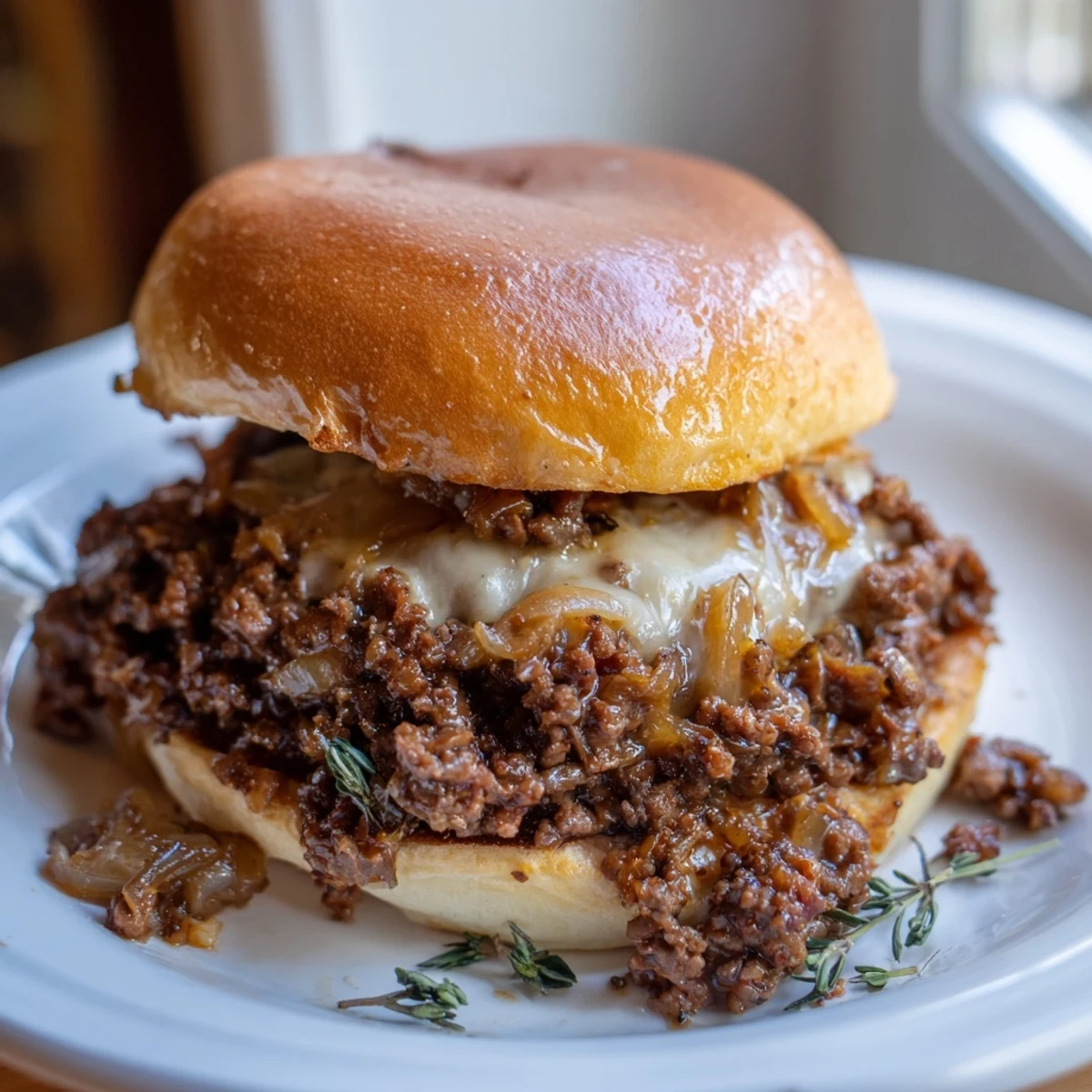 French onion beef sloppy joes sandwich topped with melted provolone cheese on toasted brioche bun