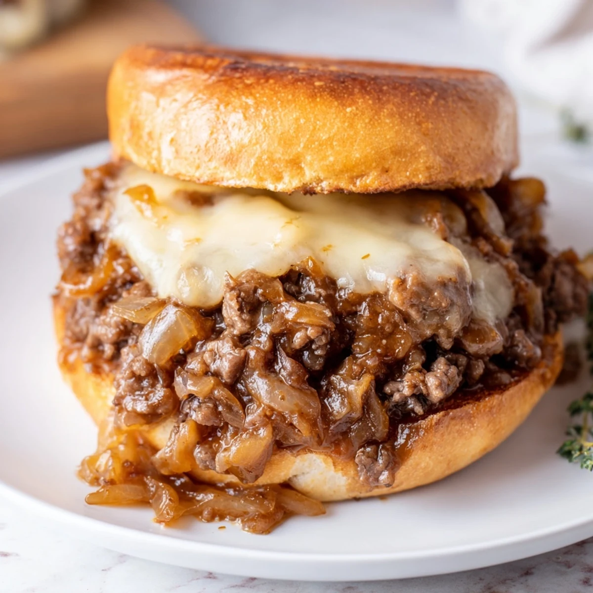 Savory French onion beef sloppy joes with rich beef and onions under bubbly melted cheese slice