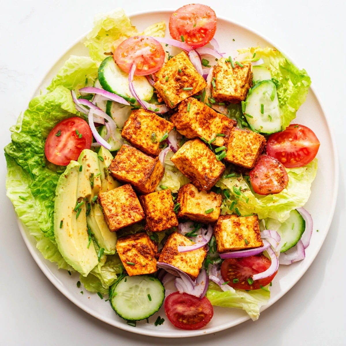 Golden smoky tofu cubes nestled atop crisp lettuce with juicy ripe tomato slices in a refreshing summer salad bowl