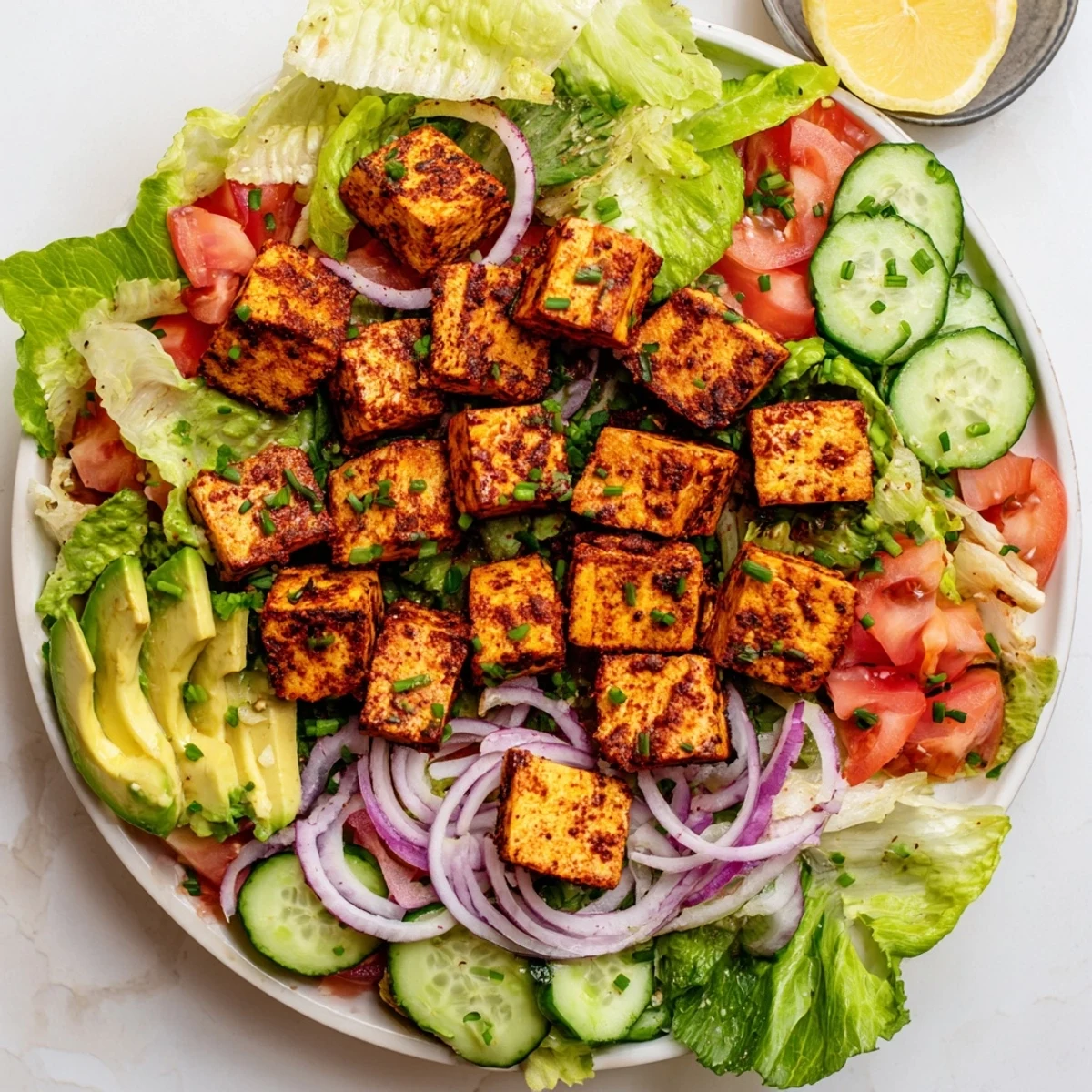 Vegan summer smoky tofu lettuce tomato salad featuring warm seasoned tofu and colorful fresh vegetables ready for serving
