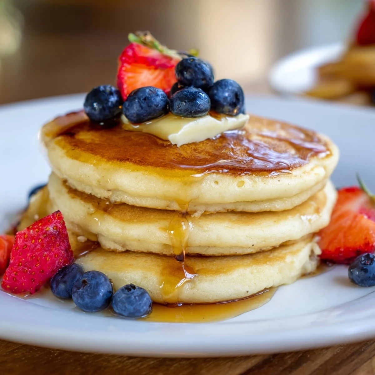 Stack of fluffy pancakes drizzled with maple syrup and topped with fresh berries for a hearty American breakfast