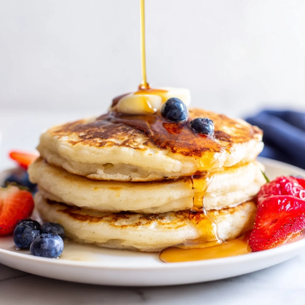Light and airy fluffy pancakes cooking on a griddle with bubbles forming on the surface