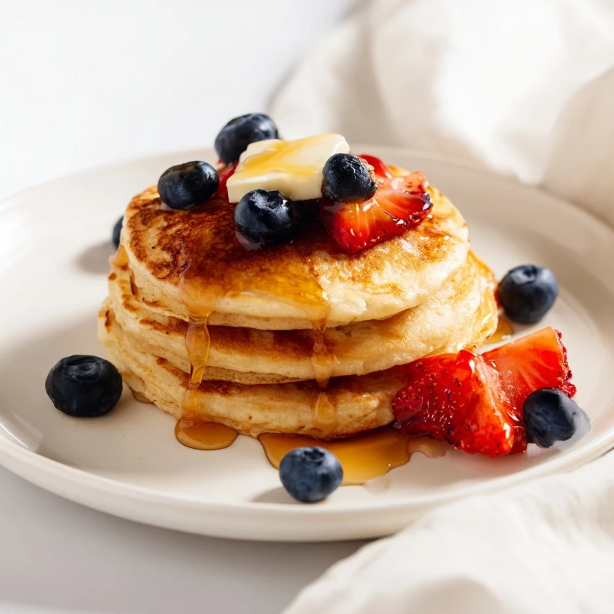 Golden fluffy pancakes stacked on a white plate with melted butter and syrup for weekend brunch