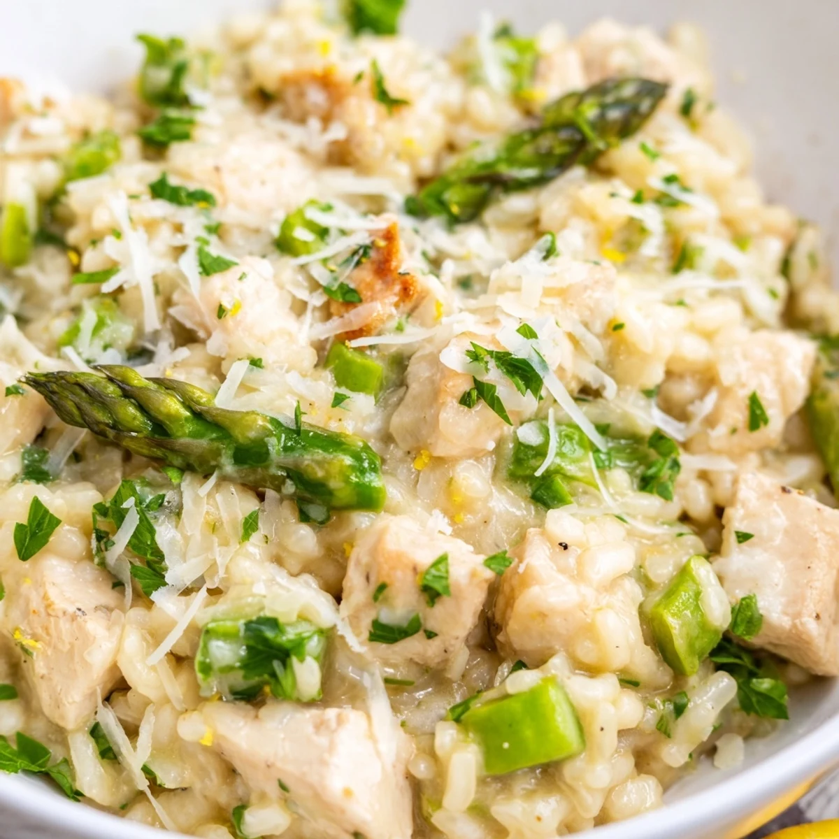 Creamy chicken and asparagus risotto topped with grated Parmesan and fresh parsley