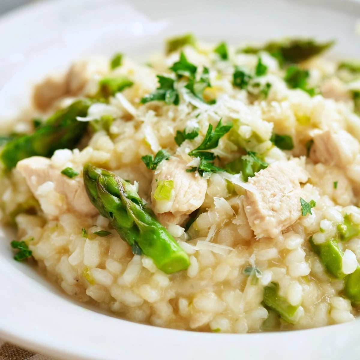 Golden chicken pieces folded into tender Arborio rice with bright green asparagus spears