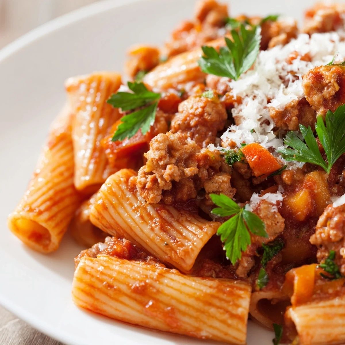 Hearty Turkey Bolognese sauce coating spaghetti with fresh grated Parmesan and green basil garnish