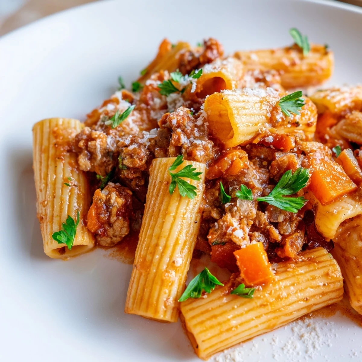Rich Turkey Bolognese pasta dish with rustic tomato meat sauce and delicate fresh herb topping