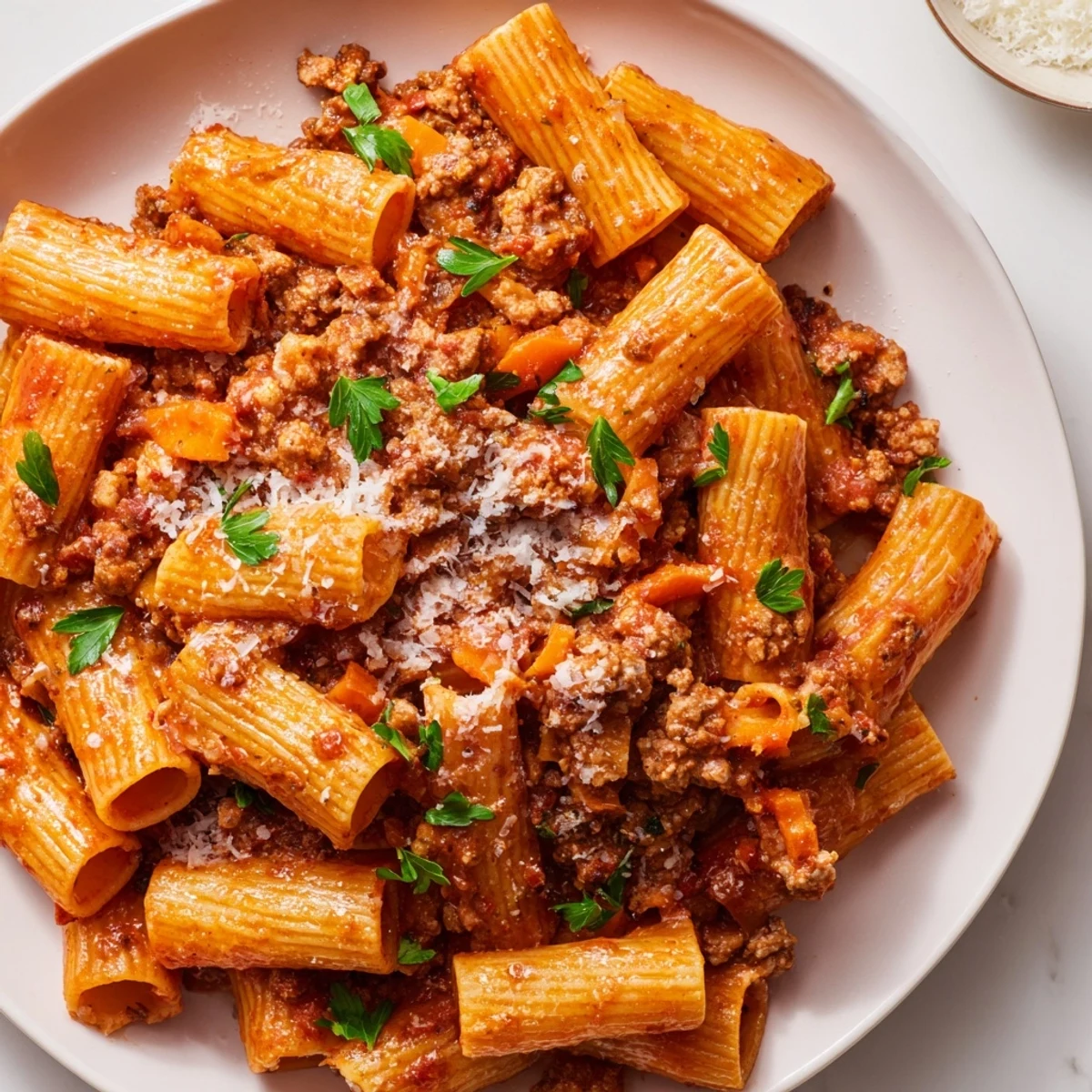 Savory ground turkey Bolognese simmered in crushed tomatoes served over al dente fettuccine noodles