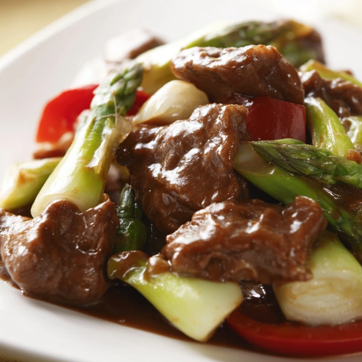 Savory soy beef bok choy and asparagus stir fry served steaming hot over white rice in a bowl