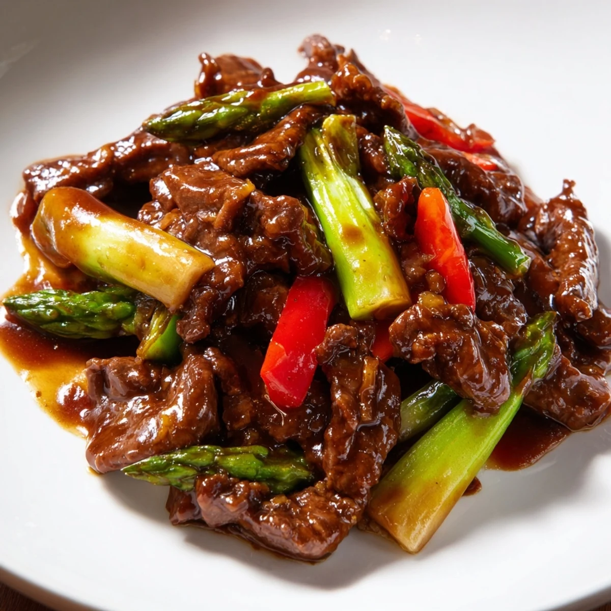 Soy beef bok choy and asparagus stir fry featuring tender beef strips and crisp vegetables in glossy brown sauce