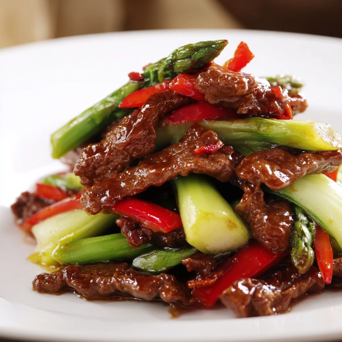 Colorful soy beef bok choy and asparagus stir fry showcasing vibrant green vegetables and perfectly seared beef strips