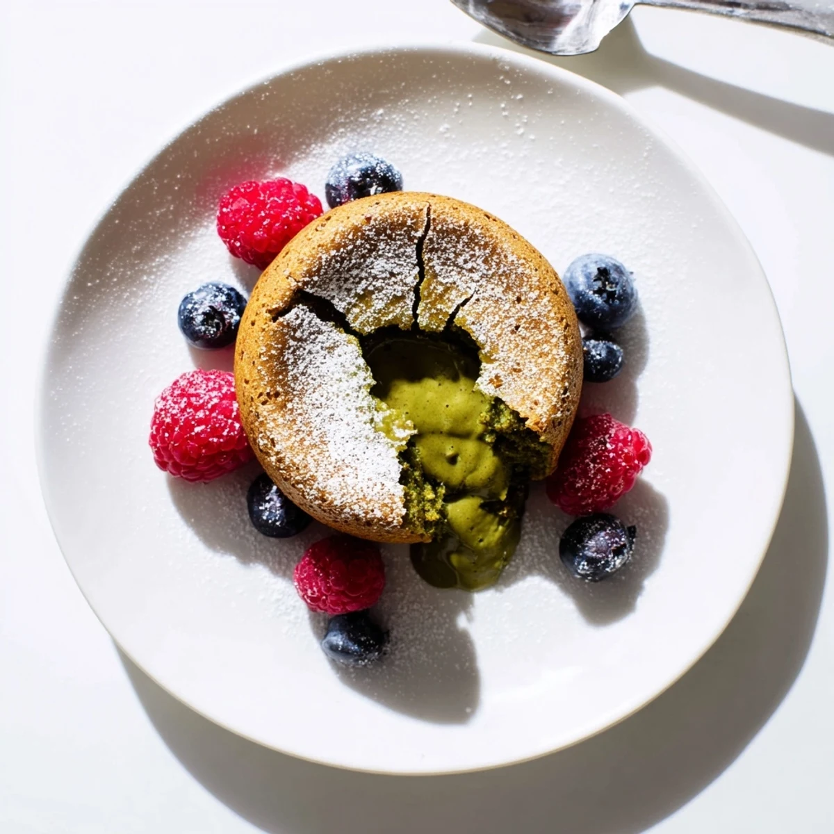Warm matcha lava cake with molten green tea center flowing onto white plate