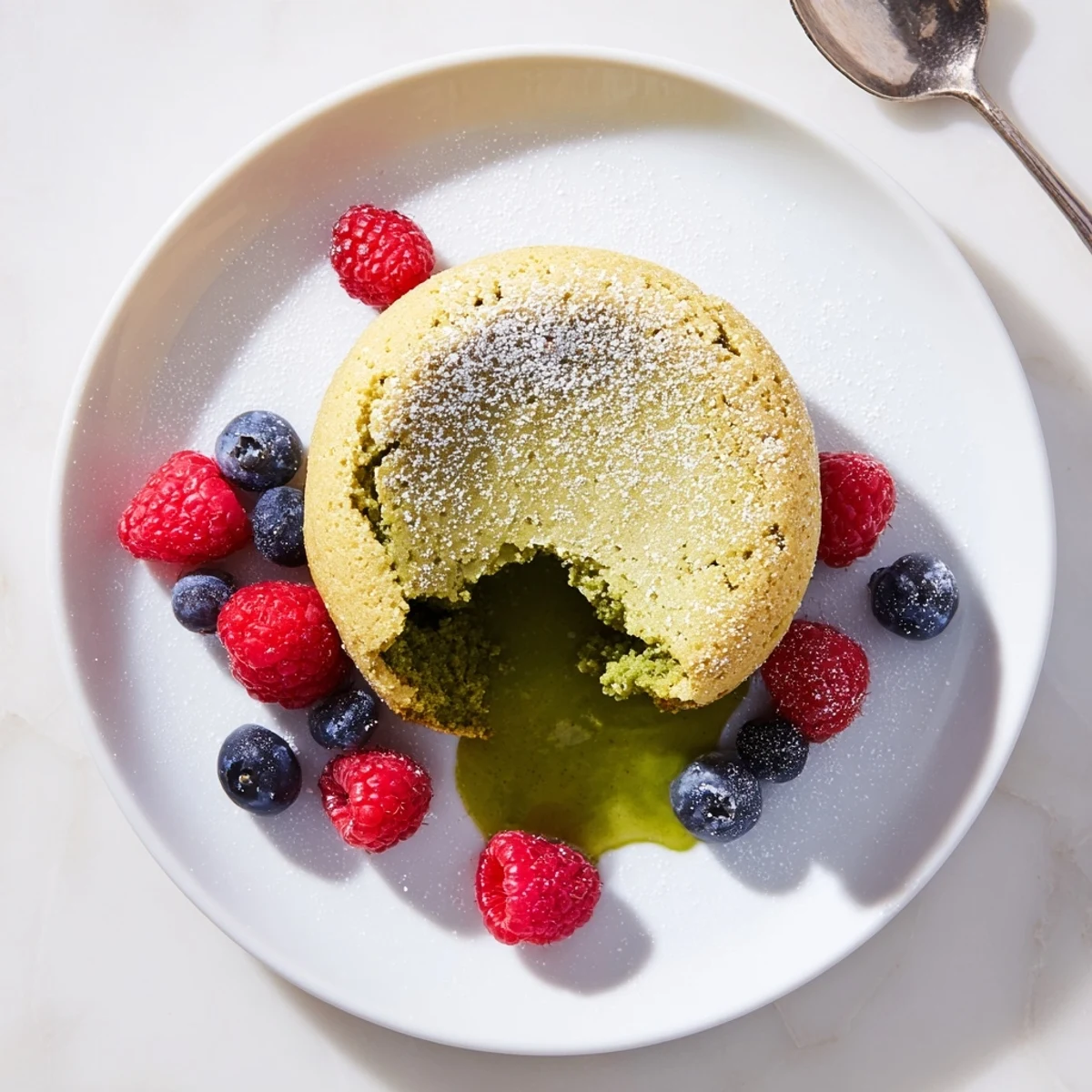Individual matcha lava cake dusted with powdered sugar and garnished with fresh berries