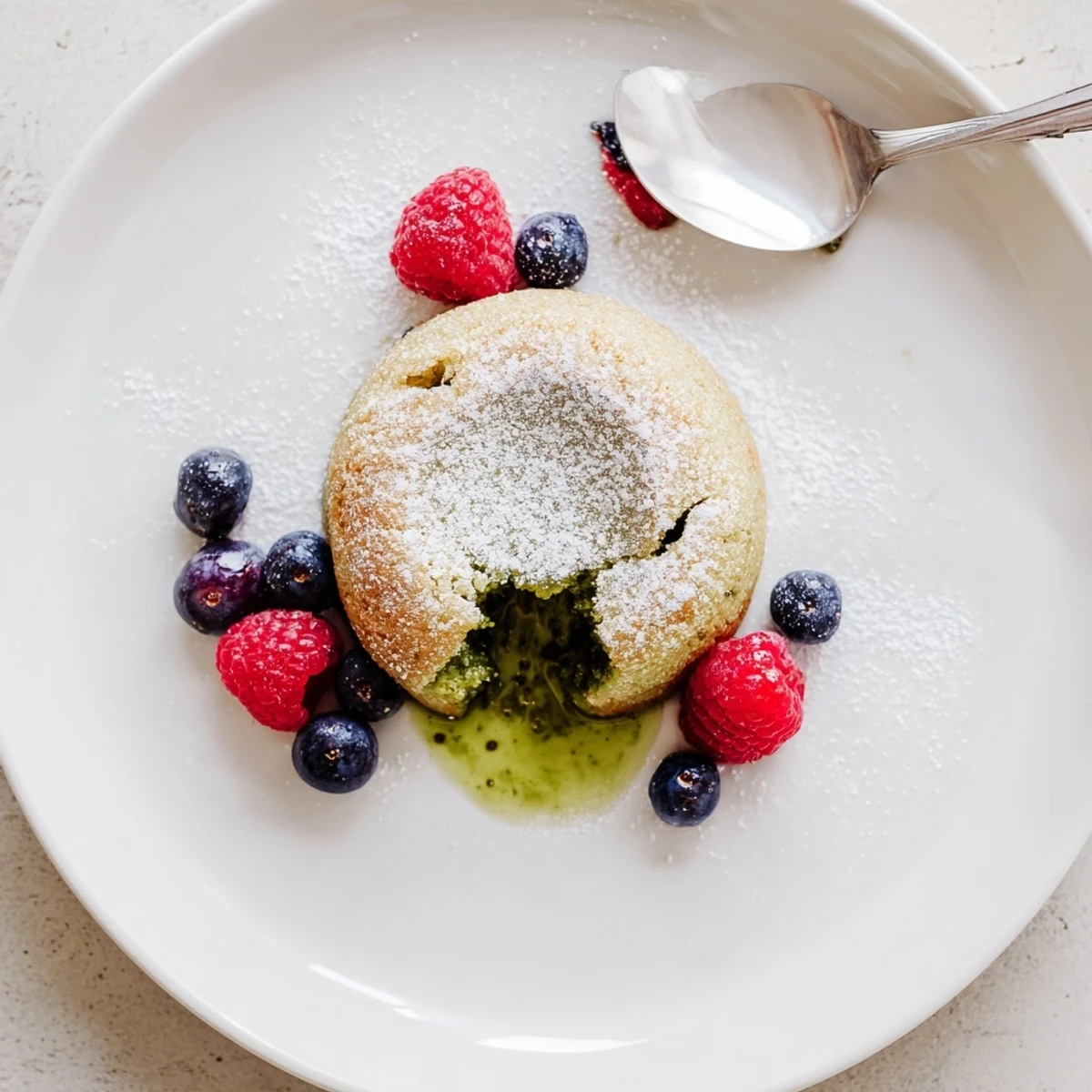 Golden matcha lava cake broken open to reveal vibrant molten green tea filling
