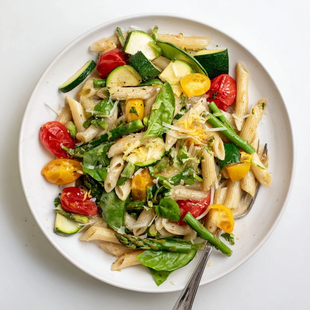 Creamy one pot spring vegetable pasta featuring bright green snap peas and wilted spinach garnished with fresh herbs