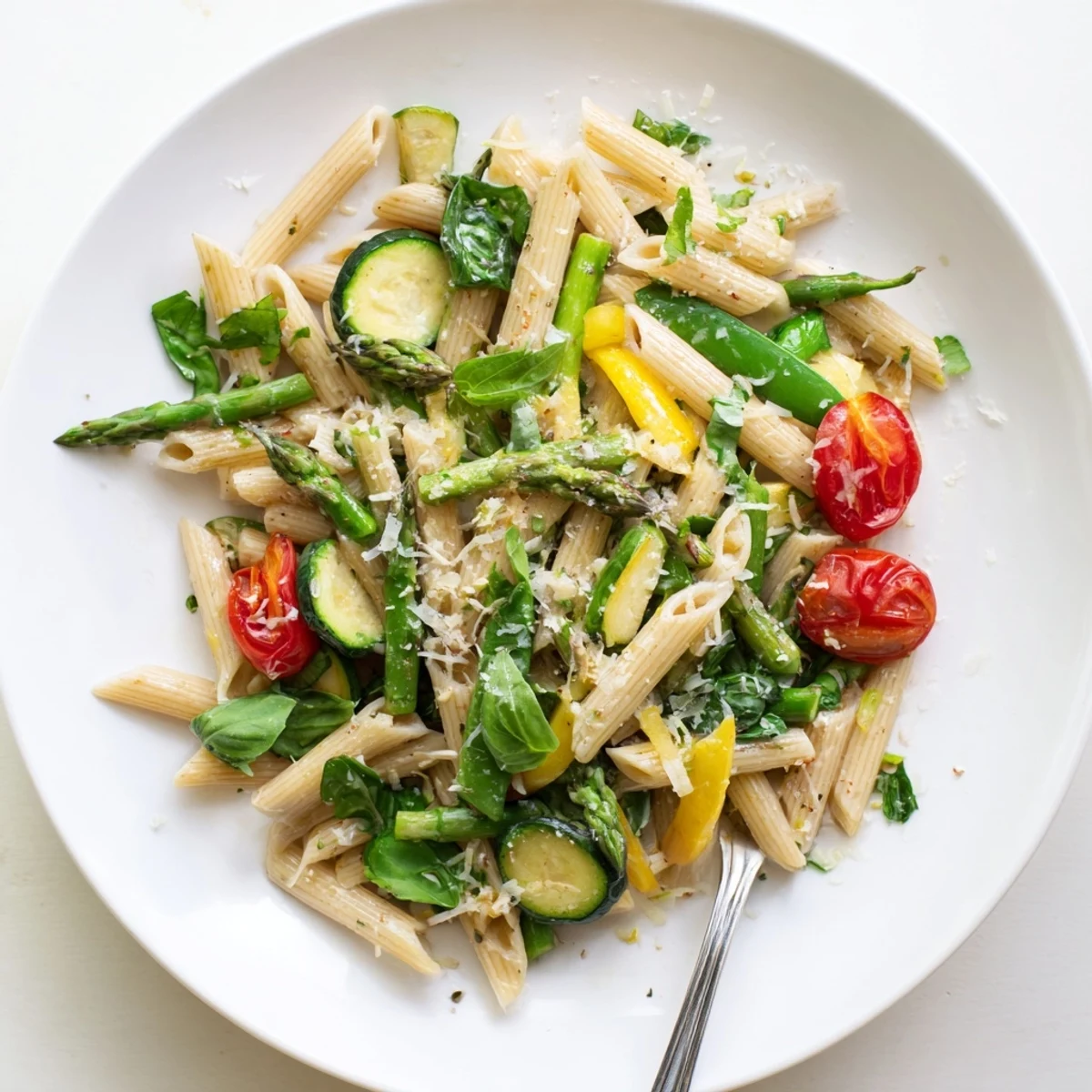Golden bowl of one pot spring vegetable pasta with tender asparagus and colorful cherry tomatoes