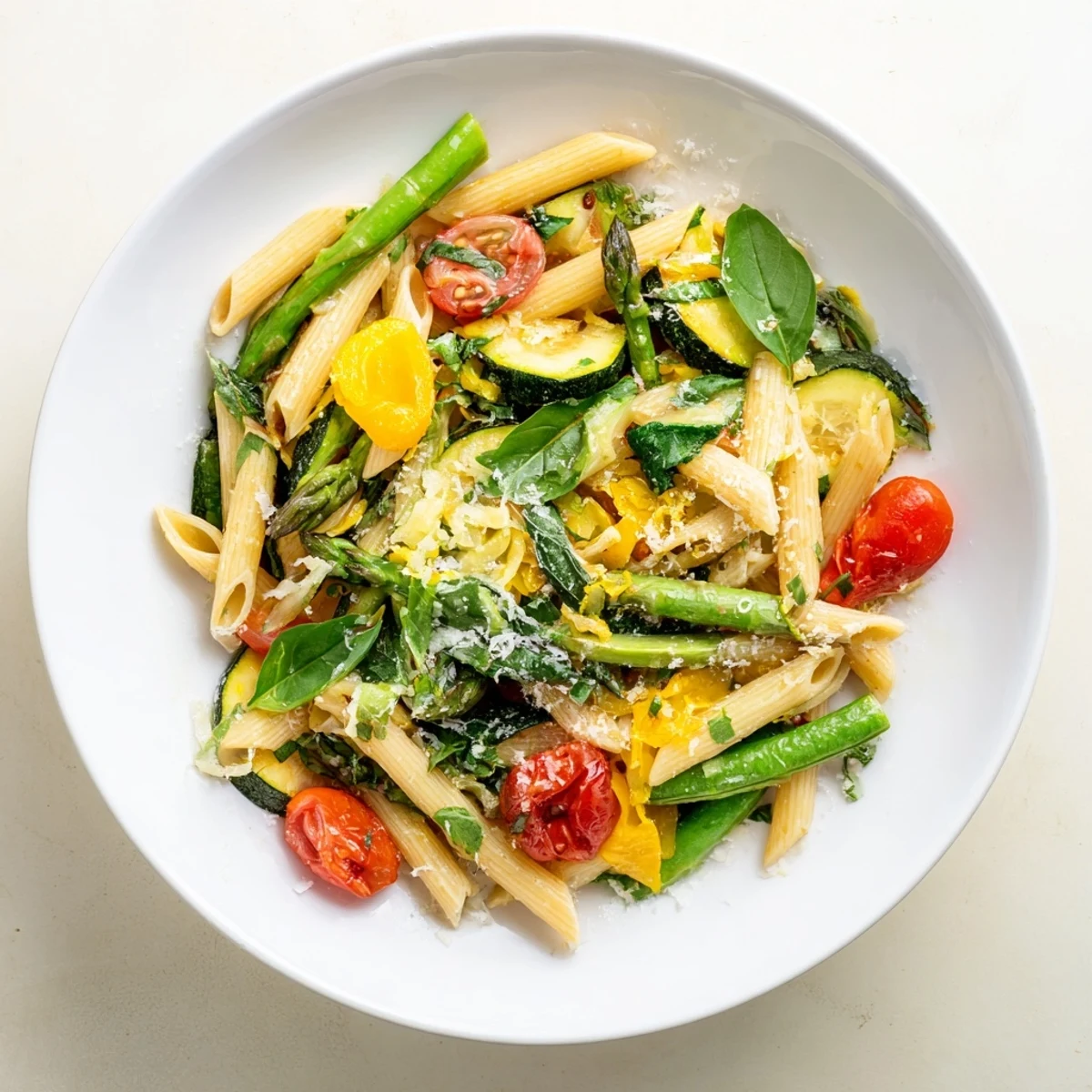 Steaming one pot spring vegetable pasta in a white bowl topped with Parmesan and lemon zest