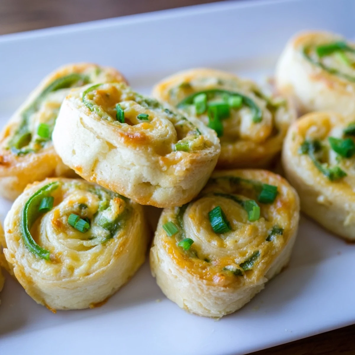Golden baked Easy Jalapeno Popper Pinwheels with melted cheese and fresh green onion bits