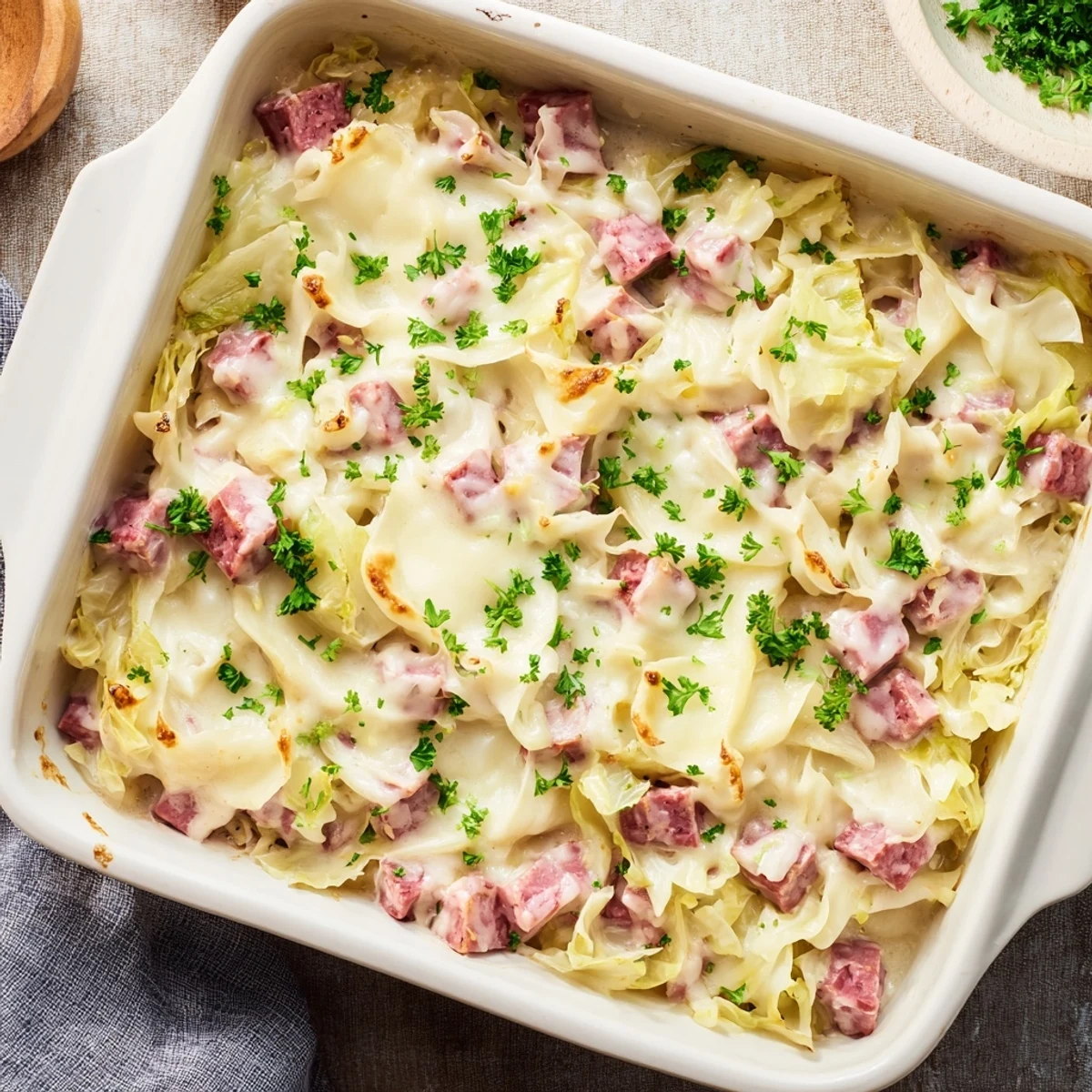 Golden bubbly creamy corned beef cabbage parmesan bake fresh from oven with melted cheese topping