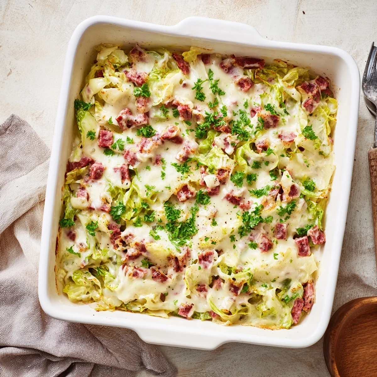 Hearty casserole dish with tender cabbage and savory corned beef baked in rich cream sauce