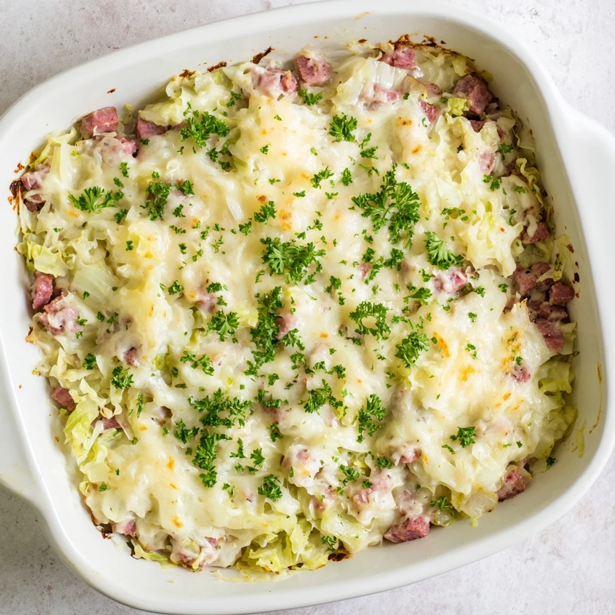 Creamy corned beef cabbage parmesan bake sprinkled with fresh parsley ready for family dinner serving