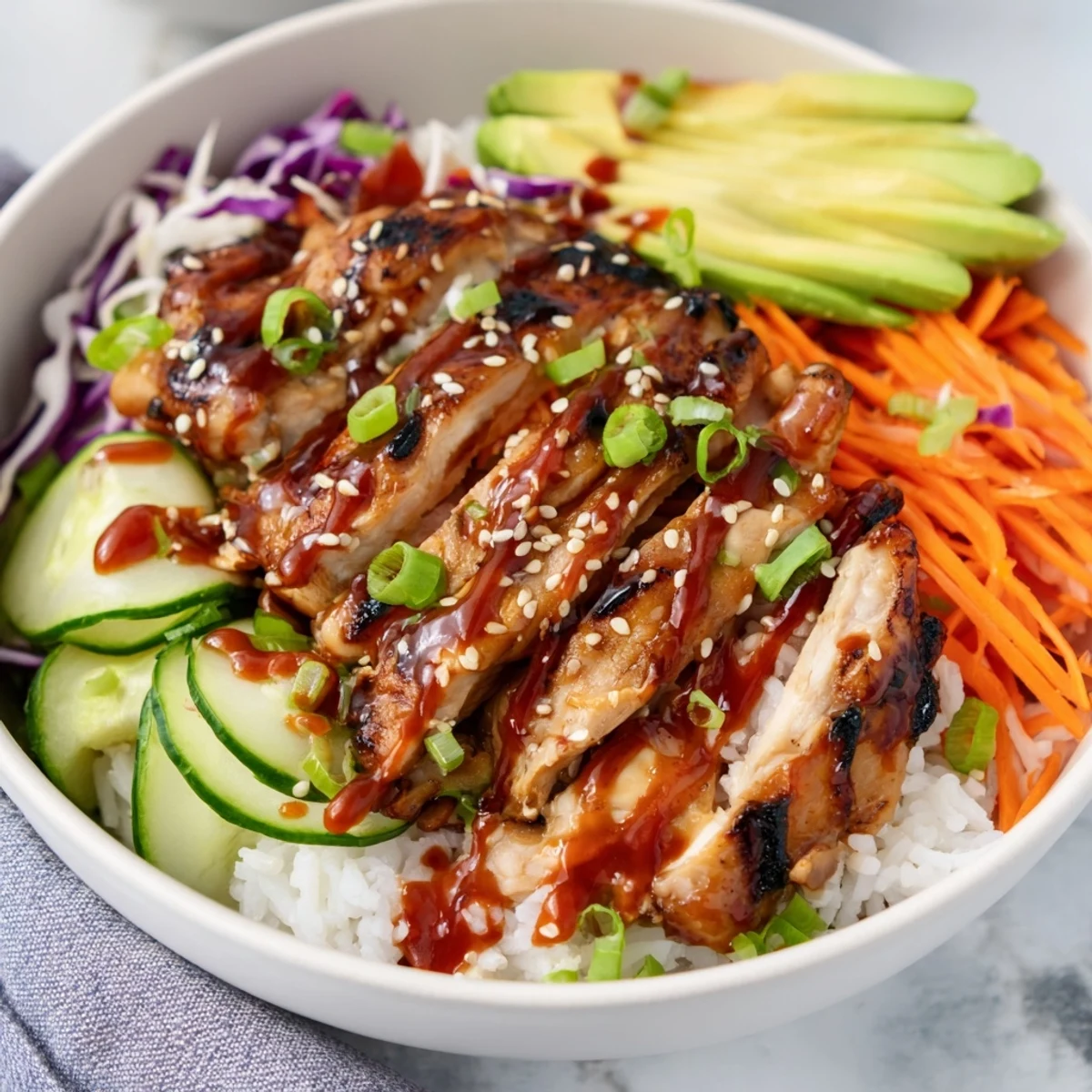 Vibrant bowl featuring marinated chicken thighs with fresh shredded carrots cucumber and creamy spicy mayonnaise topping