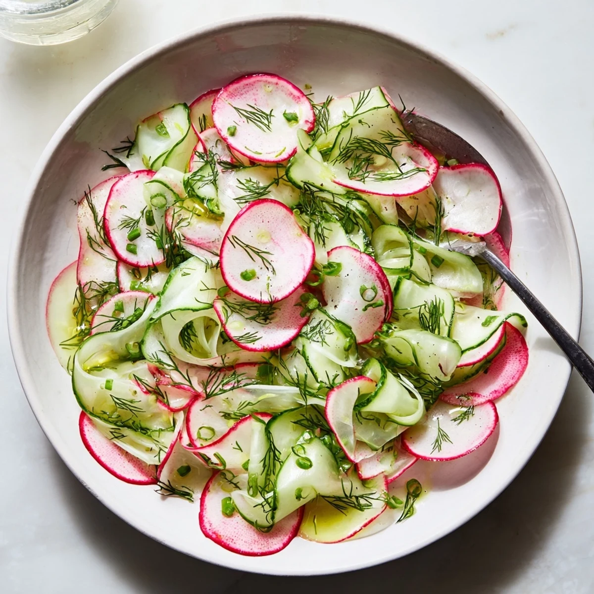 Fresh radish and cucumber salad tossed in light lemon dressing with green onions