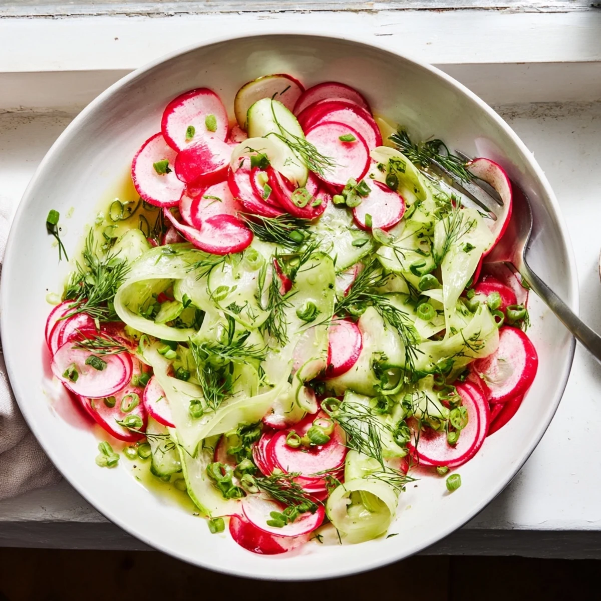 Vibrant bowl of crisp radish and cucumber salad topped with chopped fresh dill