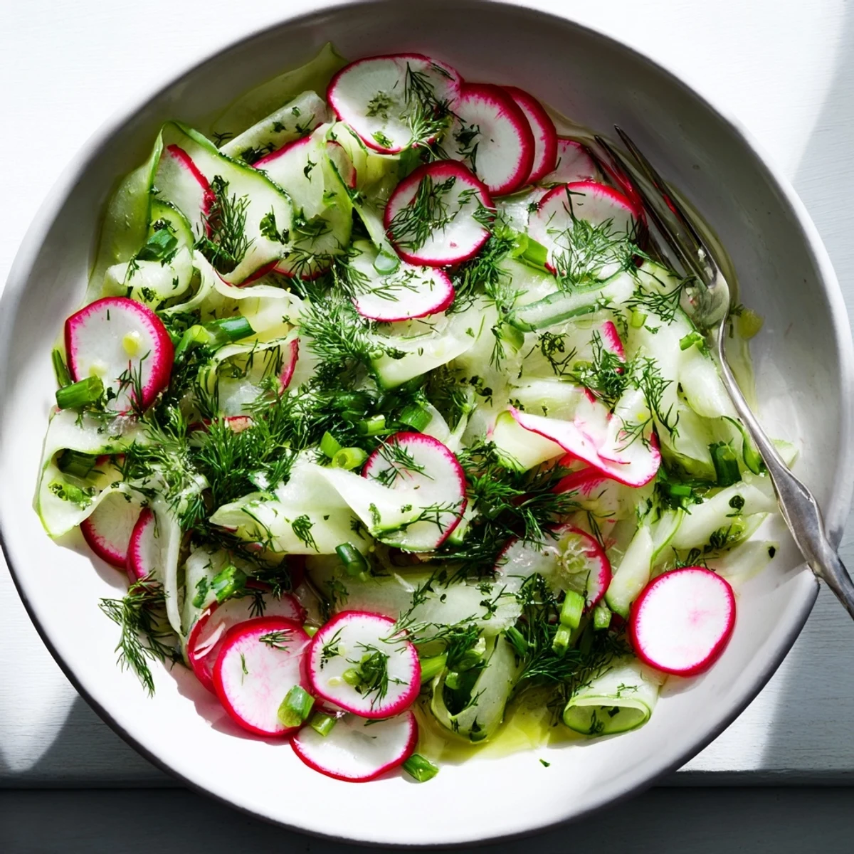 Glowing summer radish and cucumber salad chilled in white bowl with tangy vinaigrette