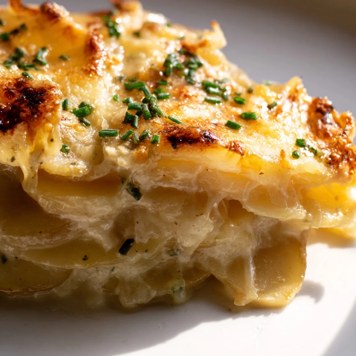 Golden brown potatoes au gratin with melted Gruyère cheese bubbling in a creamy white sauce