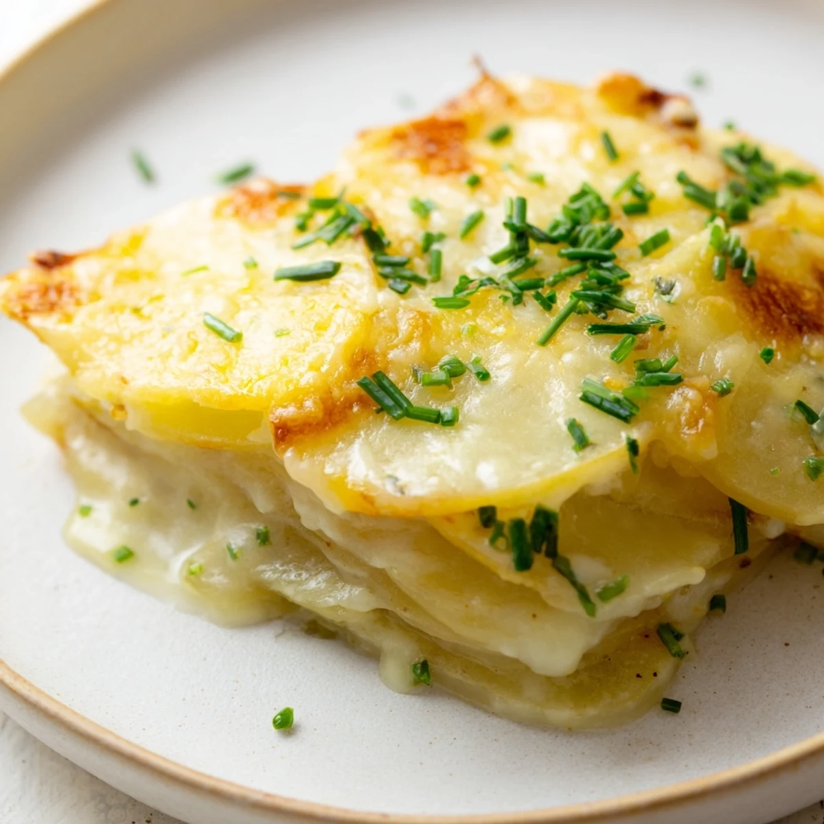 French-style potatoes au gratin topped with melted Gruyère cheese fresh from the oven
