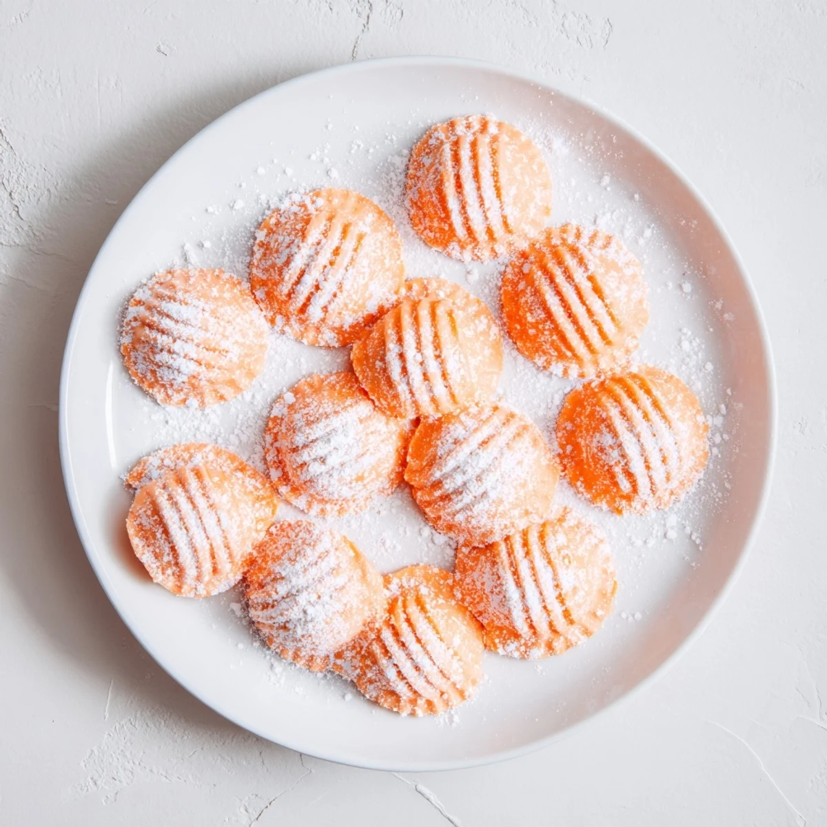 Orange cream cheese mints arranged on a white serving platter with fork-topped patterns
