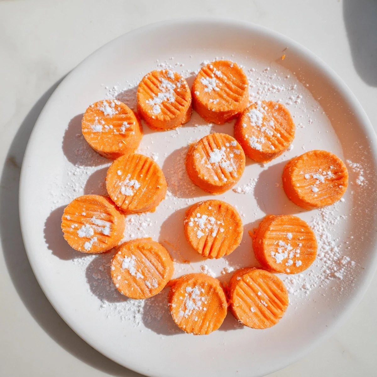 Vibrant orange cream cheese mints stacked neatly for holiday dessert table display