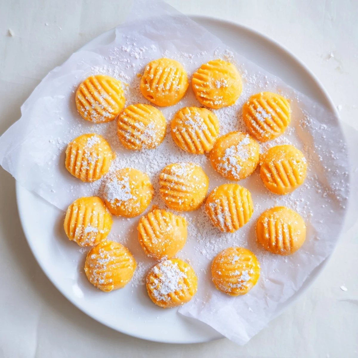 Homemade orange cream cheese mints dusted with powdered sugar on parchment paper