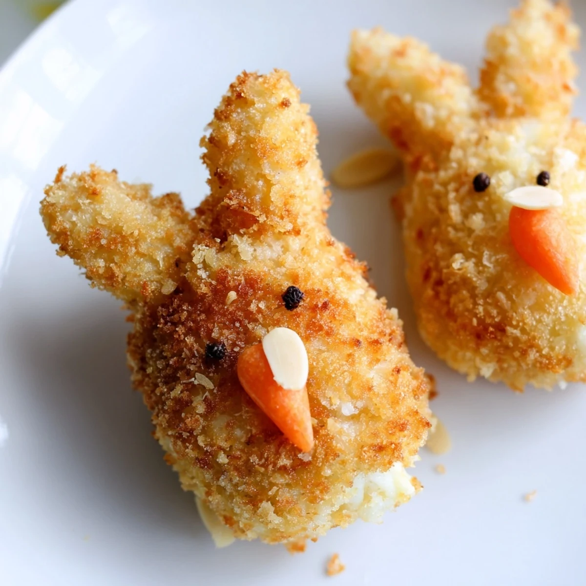 Golden crispy Easter Bunny Potato Croquettes served on white platter with almond ears and carrot noses